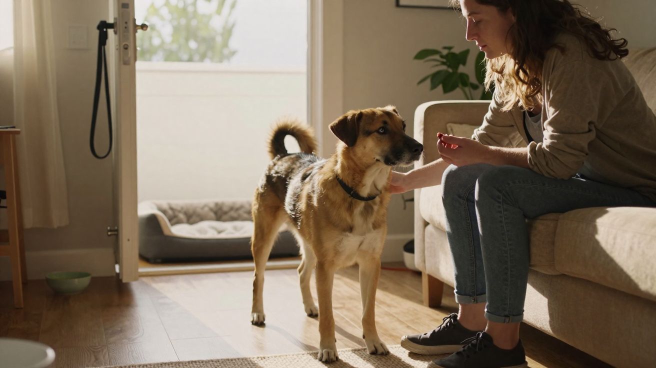 Mulher sentada no sofá a oferecer petisco a um cão castanho numa sala iluminada.