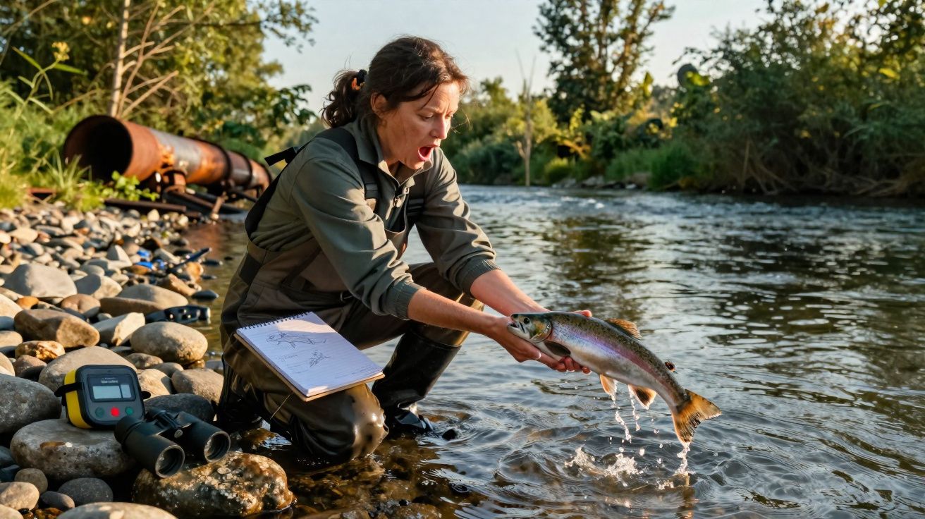 Mulher de fato de proteção segura uma truta acima da água de um rio com equipamento científico ao lado.