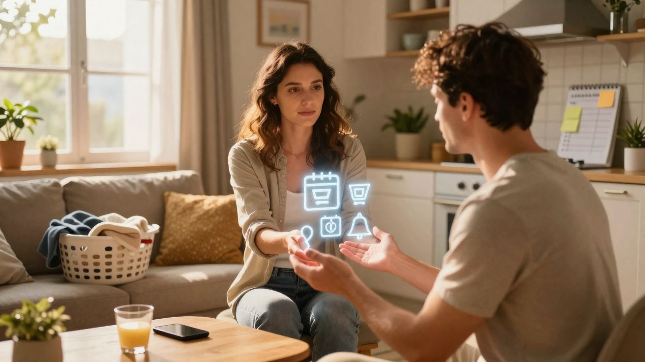 Casal sentado em sala moderna, interagindo com ícones virtuais de organização e tempo.