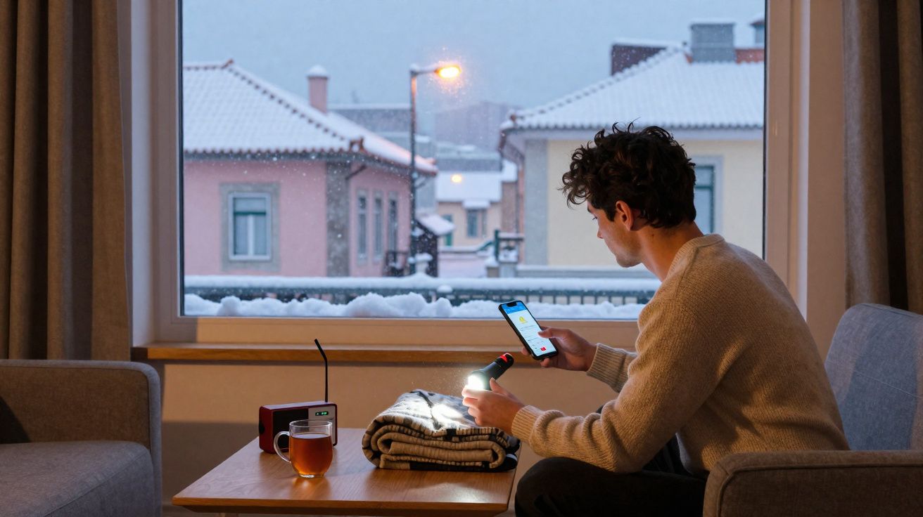 Homem sentado junto à janela a usar uma lanterna e o telemóvel numa casa com neve lá fora.
