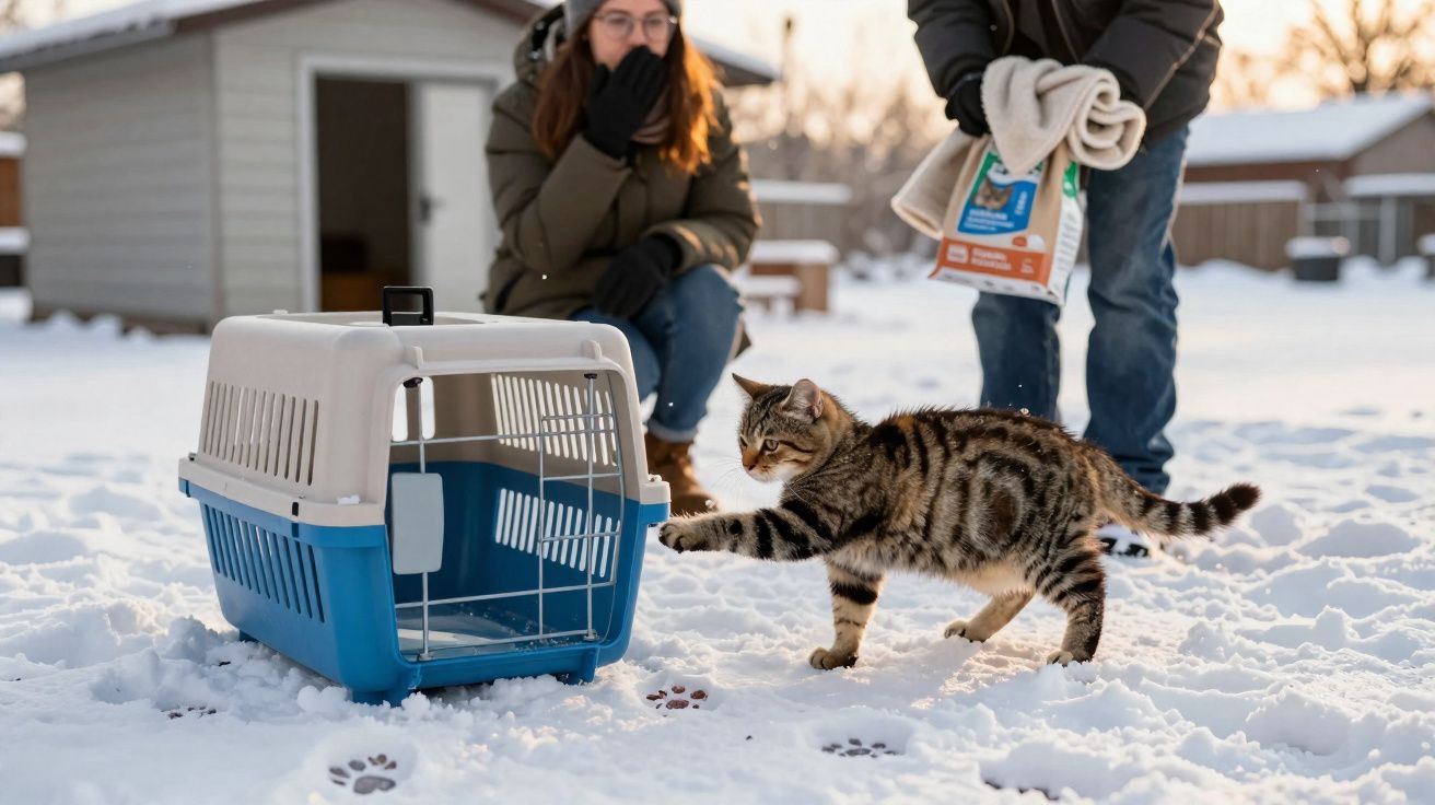 Gato tigrado a olhar para um transportador de animais na neve com duas pessoas ao fundo.