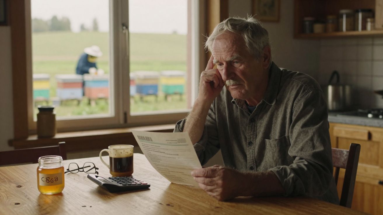 Homem idoso sentado à mesa a ler um documento, ao fundo janela com pessoa a trabalhar em colmeias no campo.