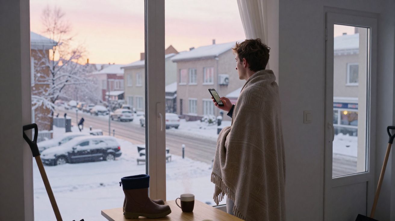 Pessoa com manta a olhar para a neve pela janela, segurando um telemóvel num ambiente doméstico.