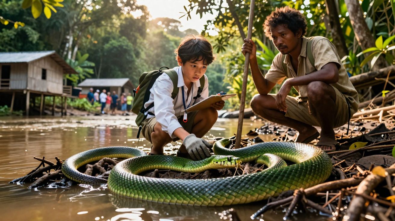 Criança e homem observam cobra verde numa zona pantanosa junto a casas de palafita.
