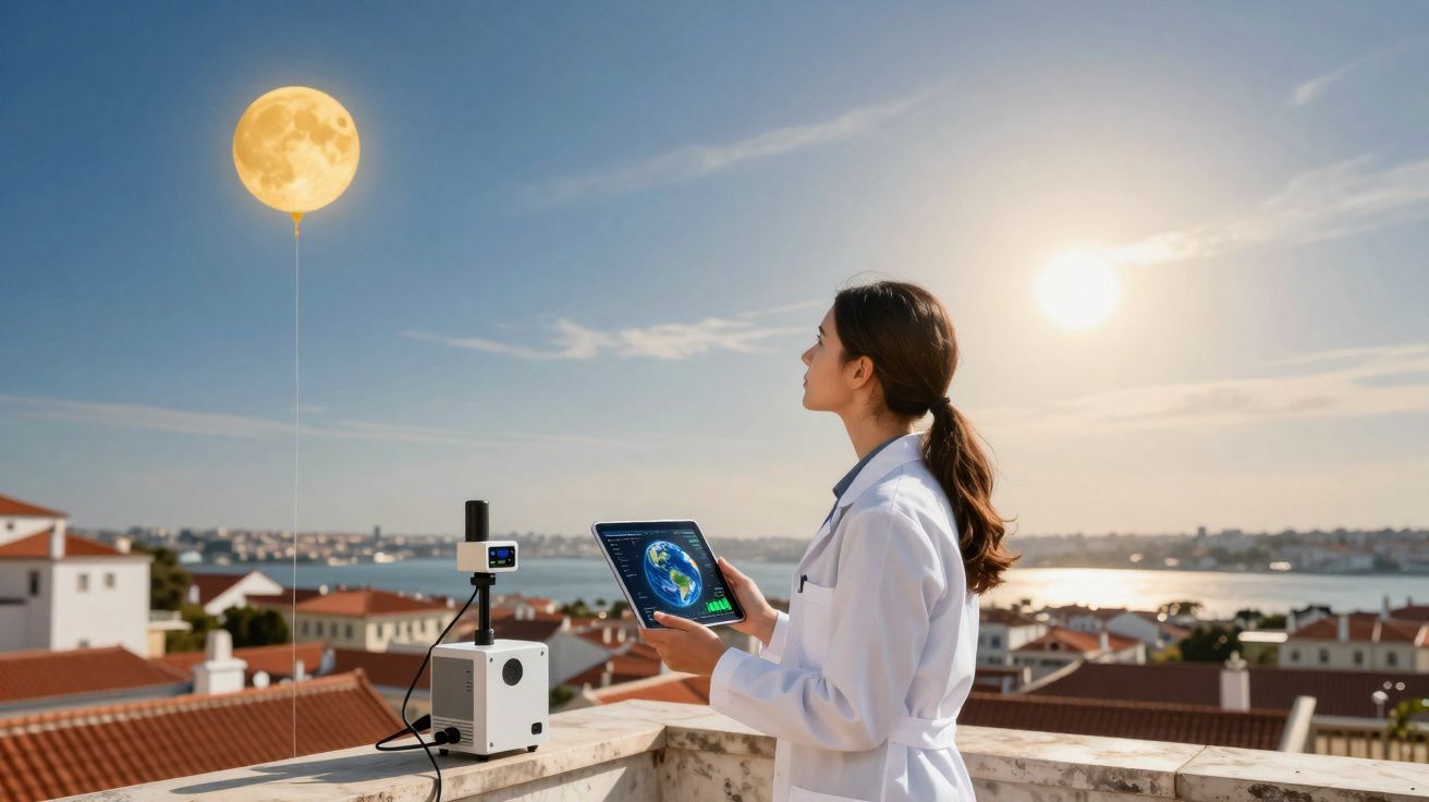Mulher cientista com tablet observa balão luminoso em forma da lua numa varanda com vista para cidade.