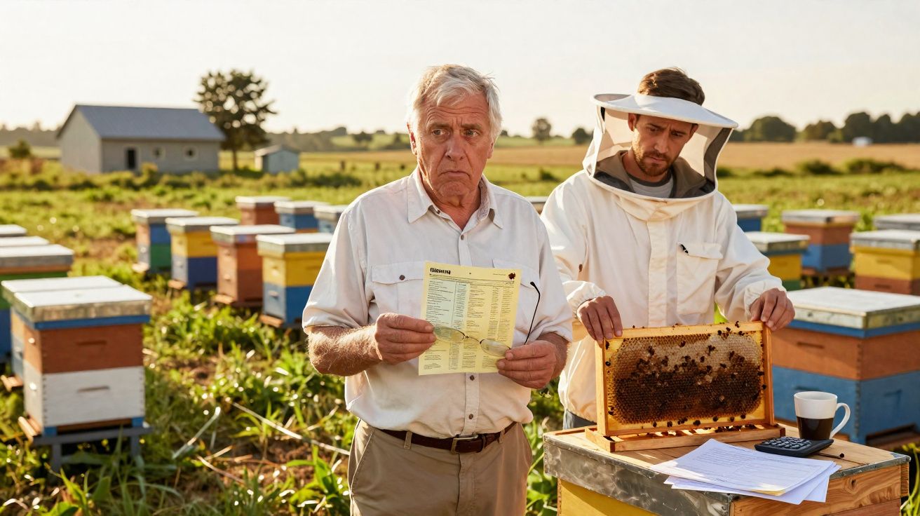 Dois apicultores, um com fato e outro com camisa branca, examinam colmeias num campo ao pôr do sol.