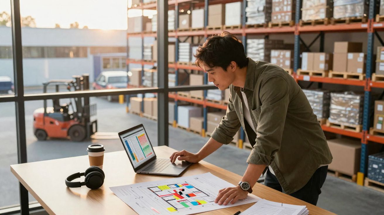 Homem a trabalhar num computador portátil com gráficos, ao lado de plantas e empilhadeira numa área de armazém.