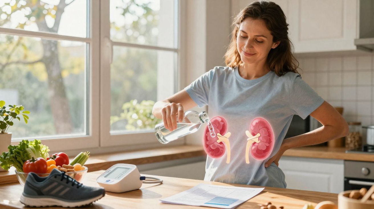 Mulher a beber água na cozinha, com ilustração de rins e tensiómetro sobre a mesa iluminada pela janela.