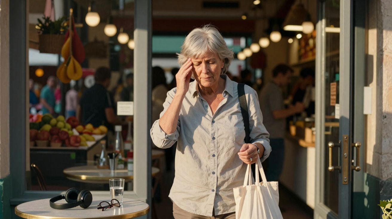 Mulher idosa com expressão cansada a segurar uma sacola reutilizável, saindo de uma loja cheia de gente.