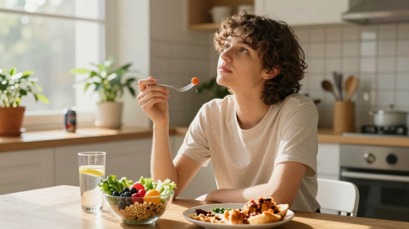 Jovem a saborear uma refeição saudável numa cozinha luminosa, olhando para o teto pensativo.