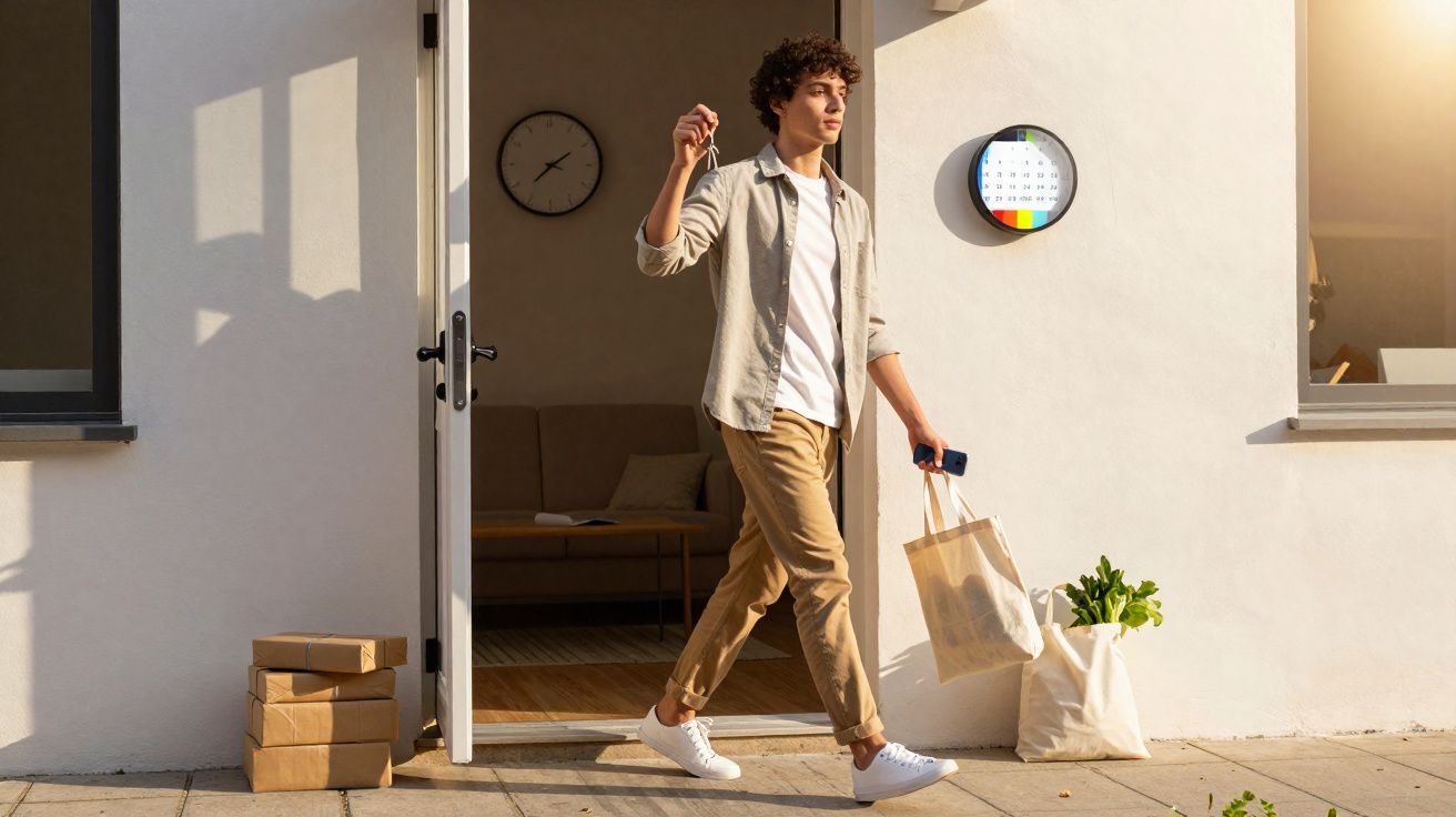 Homem jovem segurando sacola e chaves ao sair de casa ensolarada com pacotes à porta.