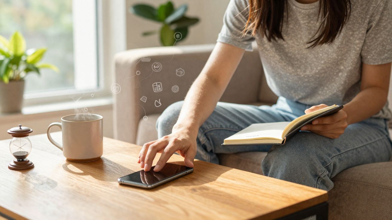 Pessoa a usar telemóvel e a ler um livro num sofá, com chá quente numa mesa à frente.