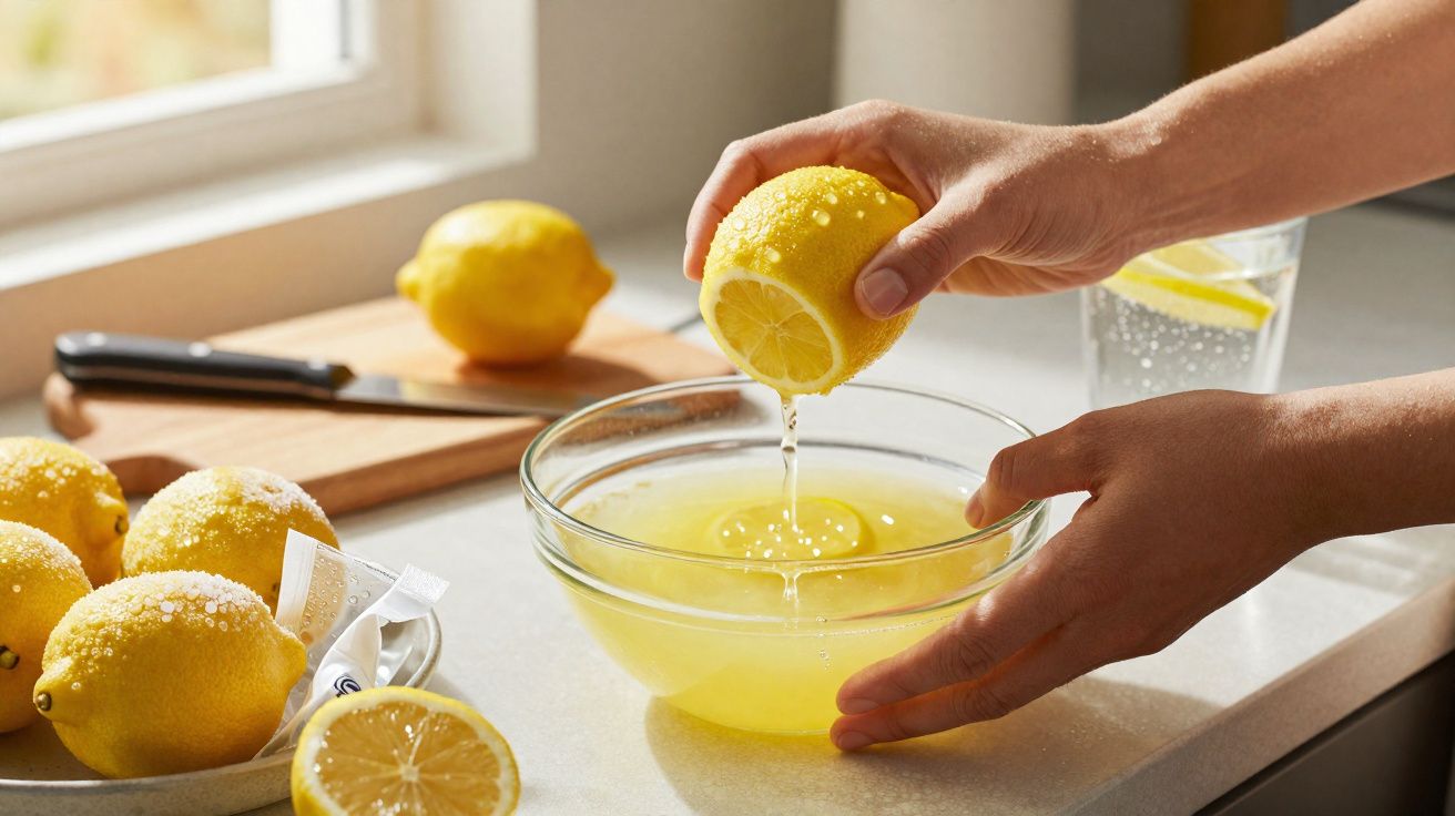 Mãos a espremer limão numa taça de vidro, com limões, faca e copo de água com limão ao fundo.