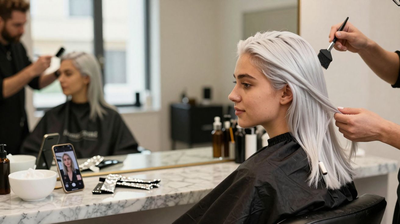 Mulher com cabelo branco a ser tingida num salão de beleza, sentada em frente a um espelho.