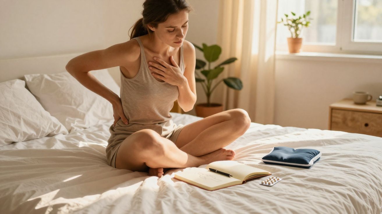 Mulher sentada na cama com expressão de dor, segurando as costas e o peito, com caderno e comprimidos à frente.