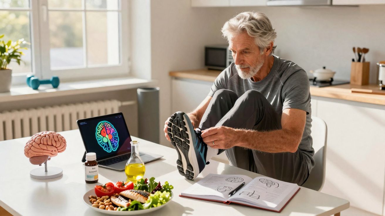 Homem sénior a amarrar ténis, com laptop, modelo anatómico do cérebro, suplemento e prato saudável na mesa.