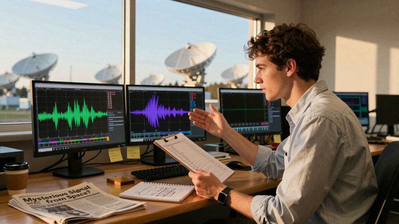 Homem analisa sinais de áudio em três ecrãs, com antenas parabólicas visíveis através da janela.