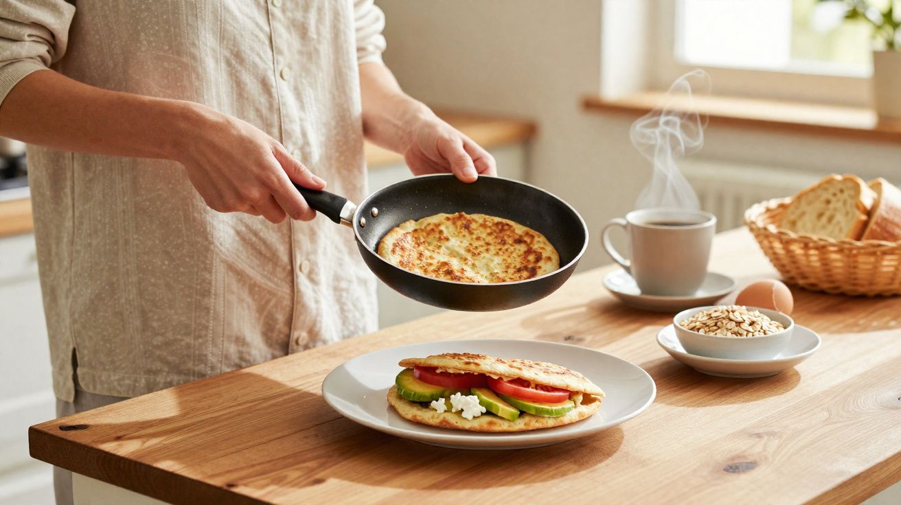 Pessoa a preparar sanduíche com pão plano, tomate, pepino e queijo num prato, numa cozinha iluminada.