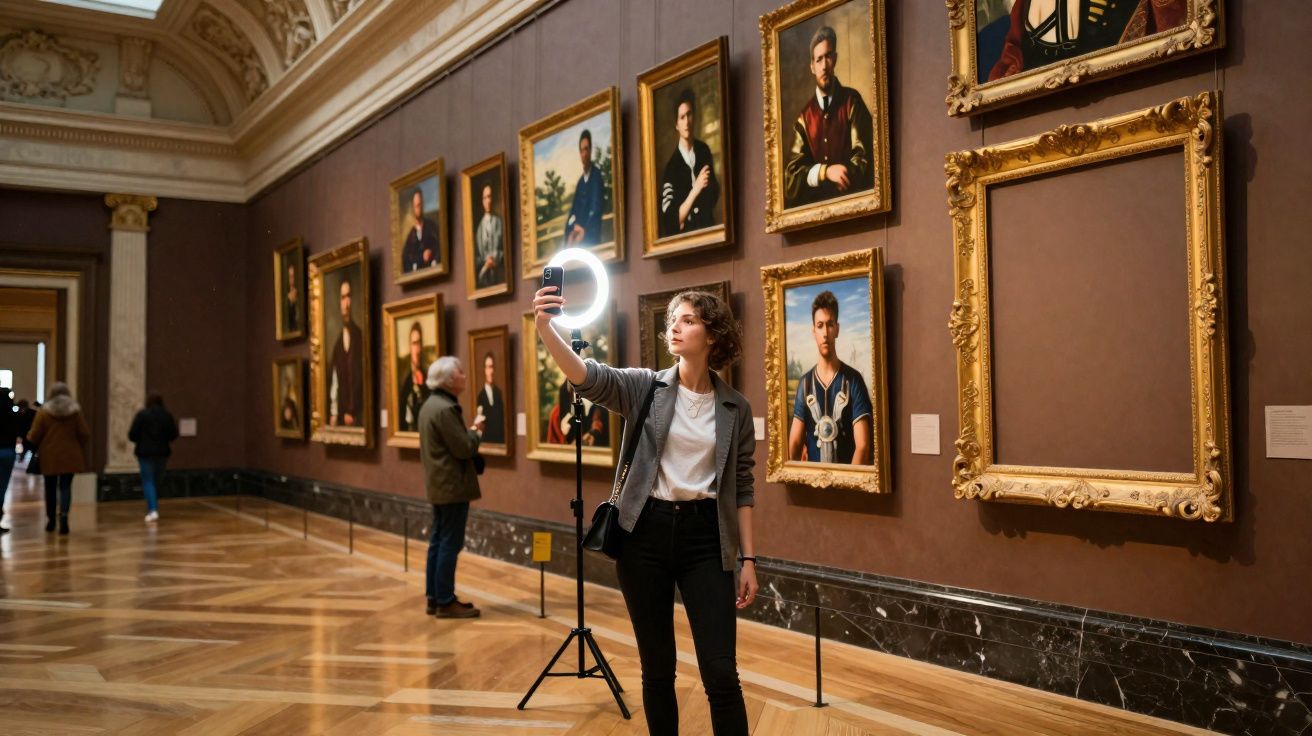 Pessoa a tirar selfie com ring light num museu com várias pinturas de retratos na parede.