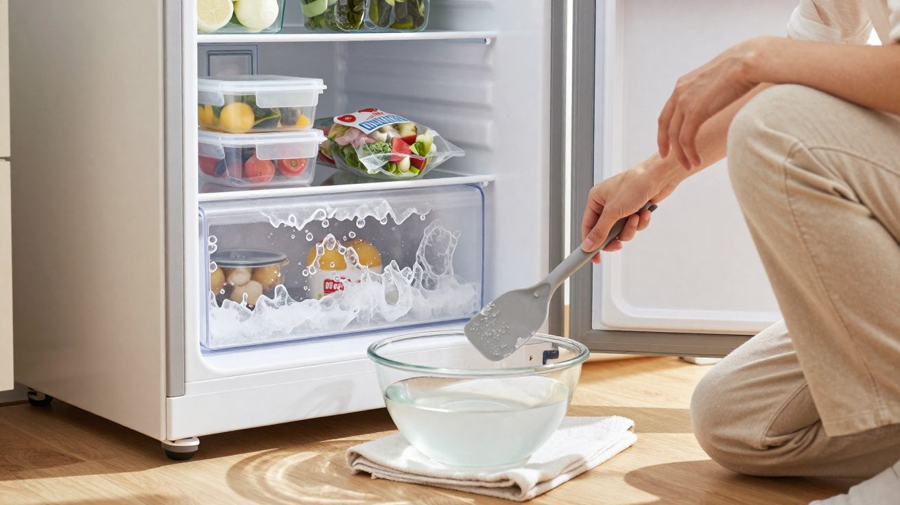 Pessoa a retirar gelo do congelador para uma taça de vidro usando uma espátula cinzenta.