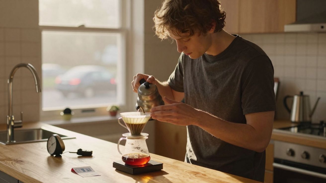 Homem a preparar café filtro na cozinha com luz natural através da janela.