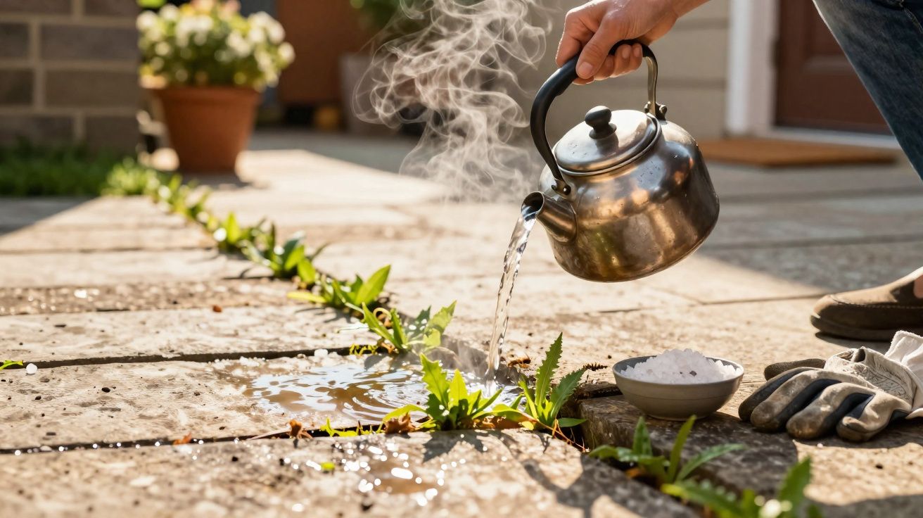Pessoa a despejar água quente de um bule para plantas a crescer entre pedras do pavimento.