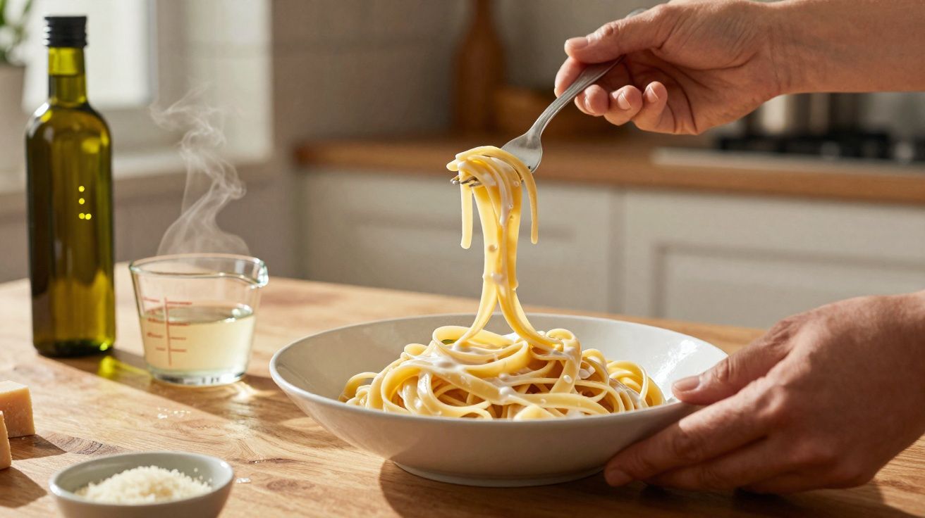 Prato de massa linguine com molho cremoso sendo enrolado num garfo, sobre mesa de madeira na cozinha.