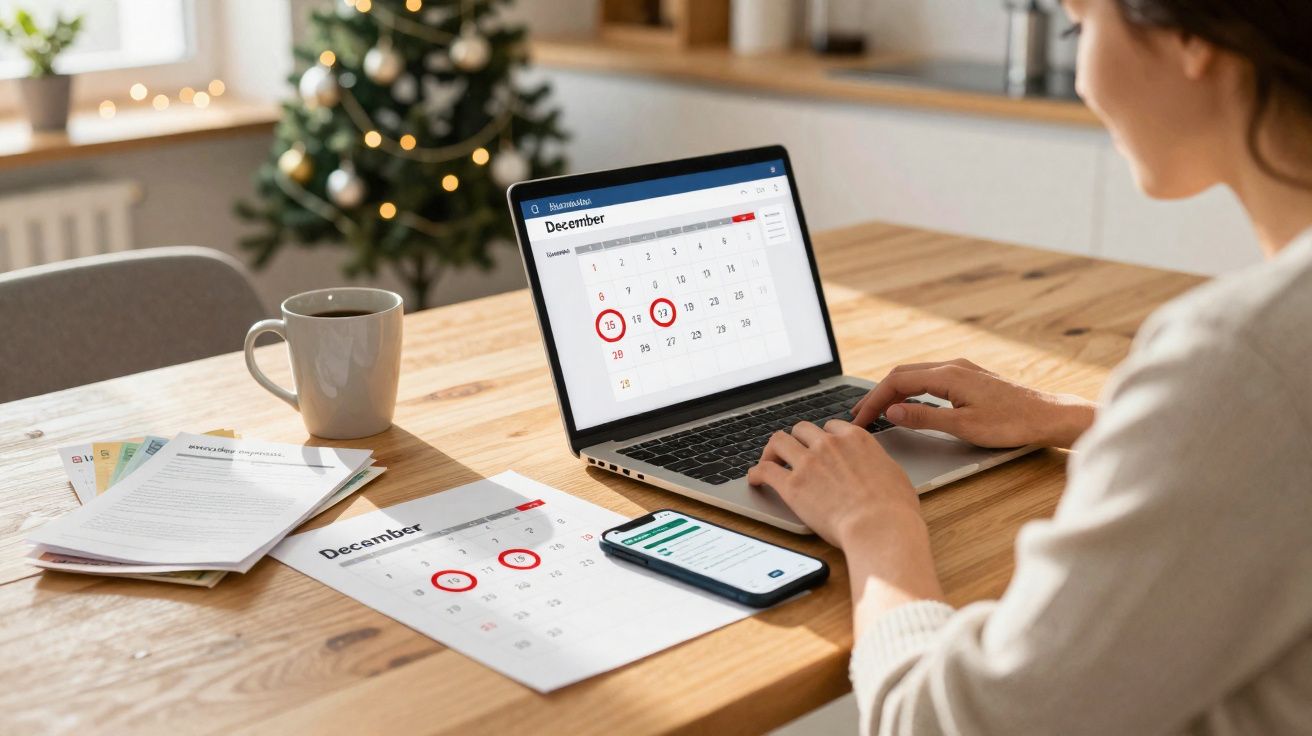 Pessoa a usar computador portátil com calendário digital e impresso, telemóvel e chá numa mesa de madeira, árvore de Natal ao