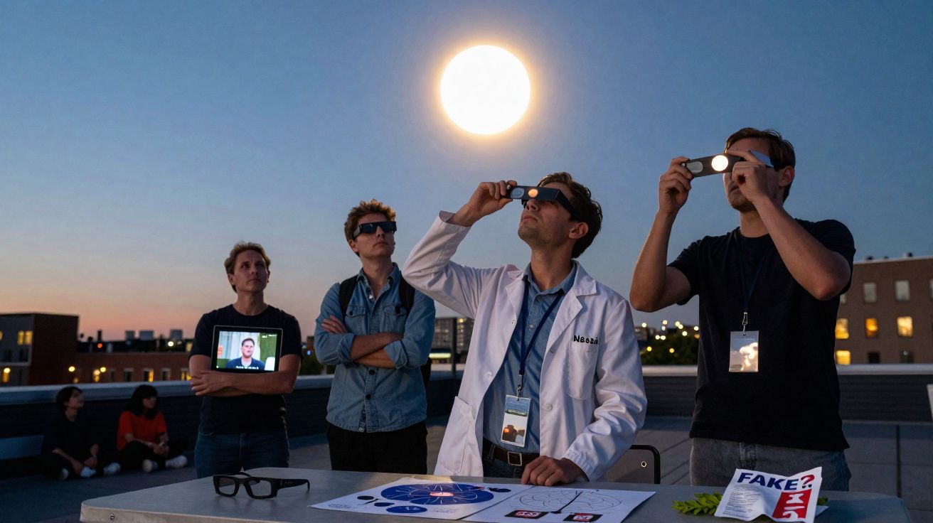 Quatro homens observam o eclipse solar com óculos especiais ao pôr do sol numa cobertura urbana.