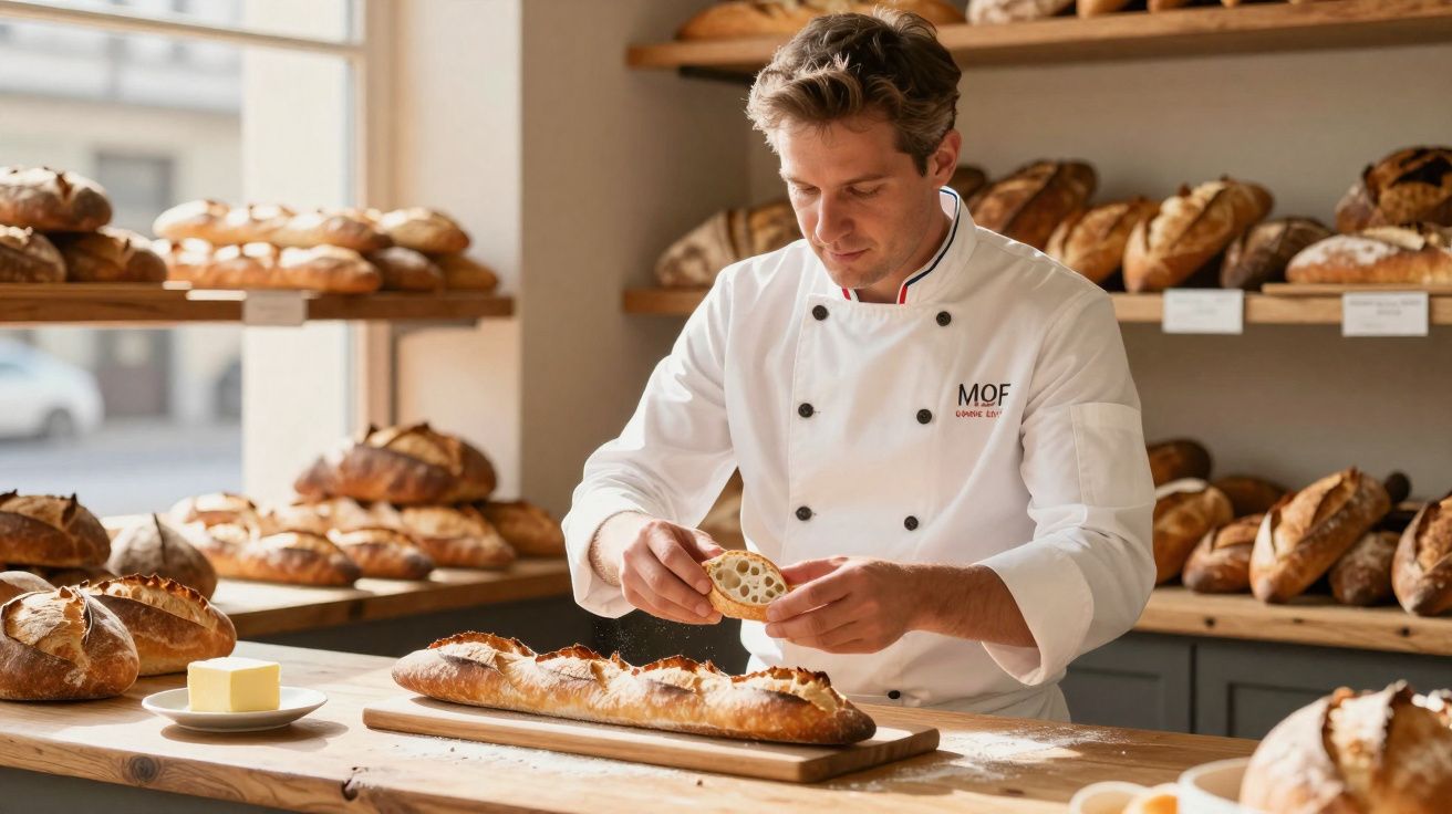 Padeiro vestido de branco a preparar uma fatia de pão numa padaria com vários pães nas prateleiras.