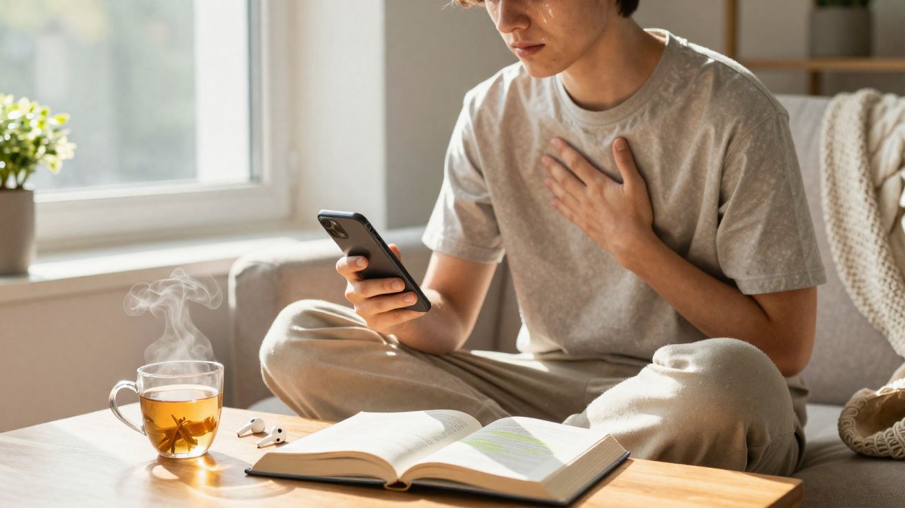 Jovem sentado no sofá com dor no peito, a olhar para o telemóvel, com chá e livro na mesa à frente.