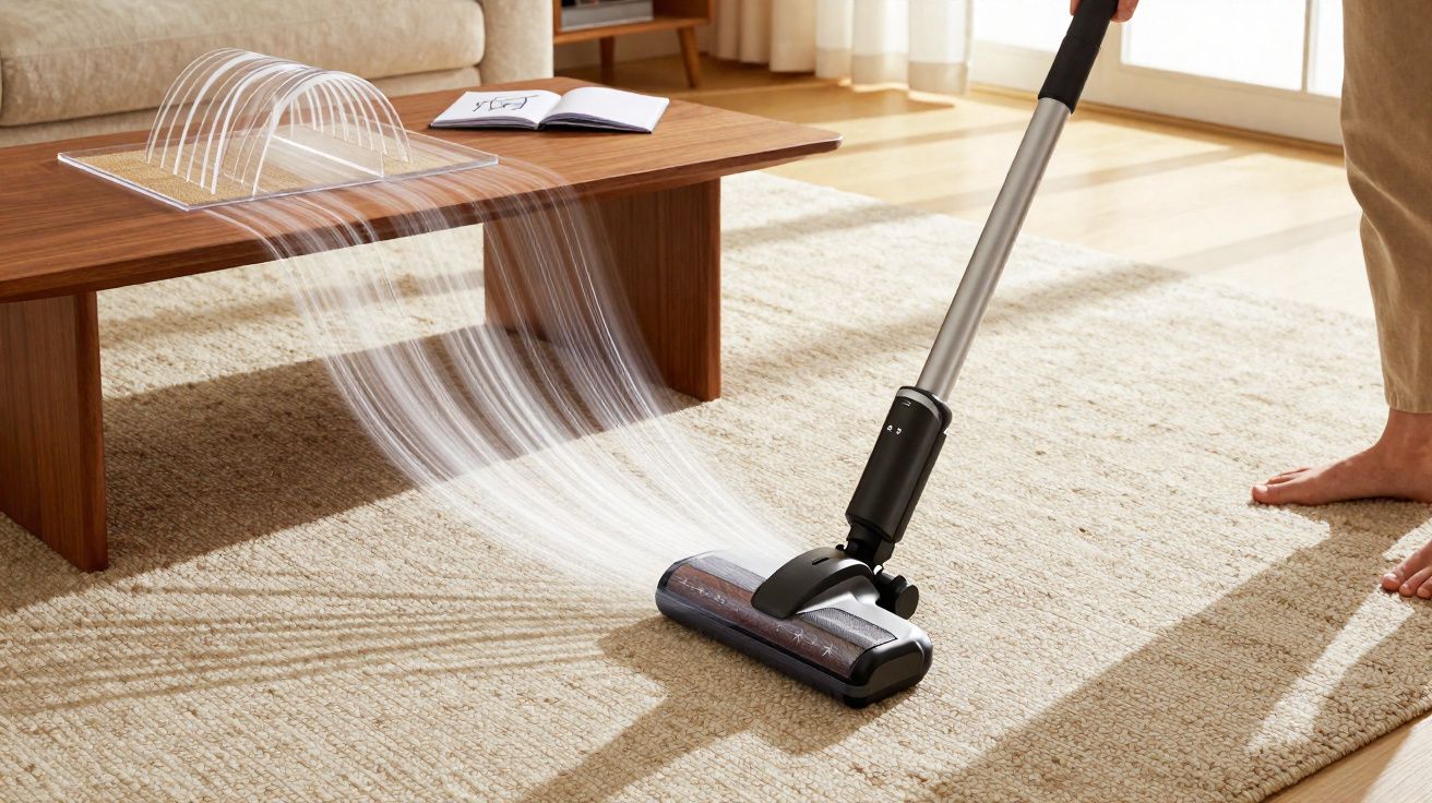 Pessoa a aspirar tapete bege numa sala com aspirador sem fios e luz natural a entrar pela janela.