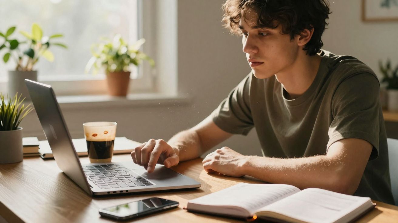 Jovem sentado a estudar com computador portátil, livro aberto, telemóvel e café numa mesa iluminada pela luz natural.