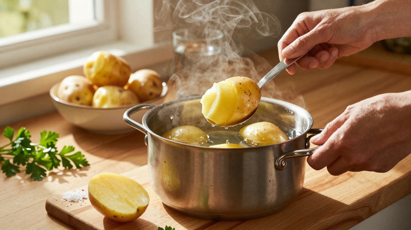 Mãos a retirar batatas a ferver numa panela metálica enquanto saem vapores numa cozinha iluminada.