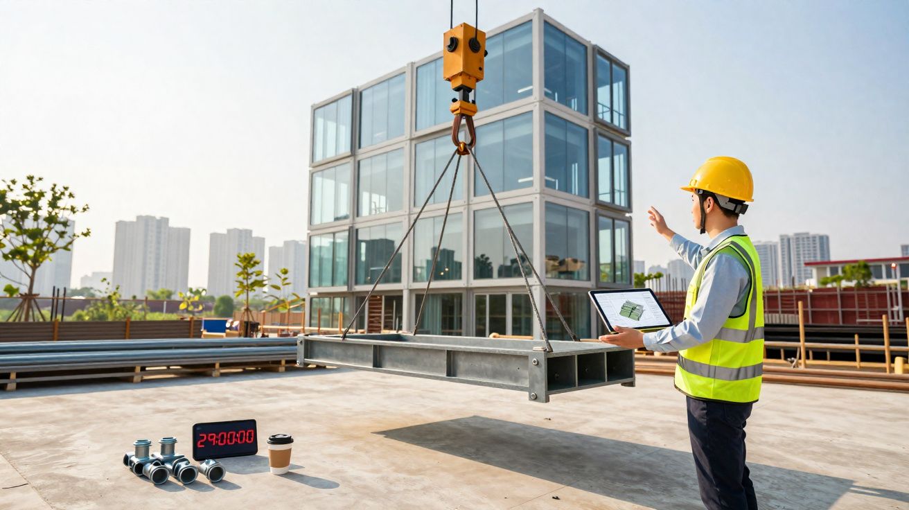 Engenheiro com capacete e colete de segurança orienta içamento de viga metálica numa obra urbana moderna.