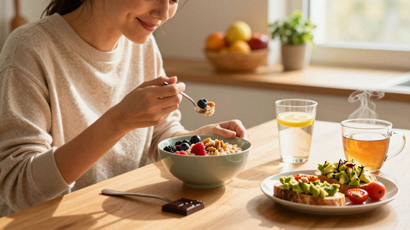Pessoa a comer pequeno-almoço saudável com fruta, chá e tostas de abacate numa cozinha iluminada.