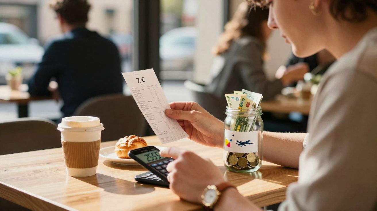 Pessoa a calcular conta num café com papel, calculadora, café, croissant e mealheiro de moedas e notas.