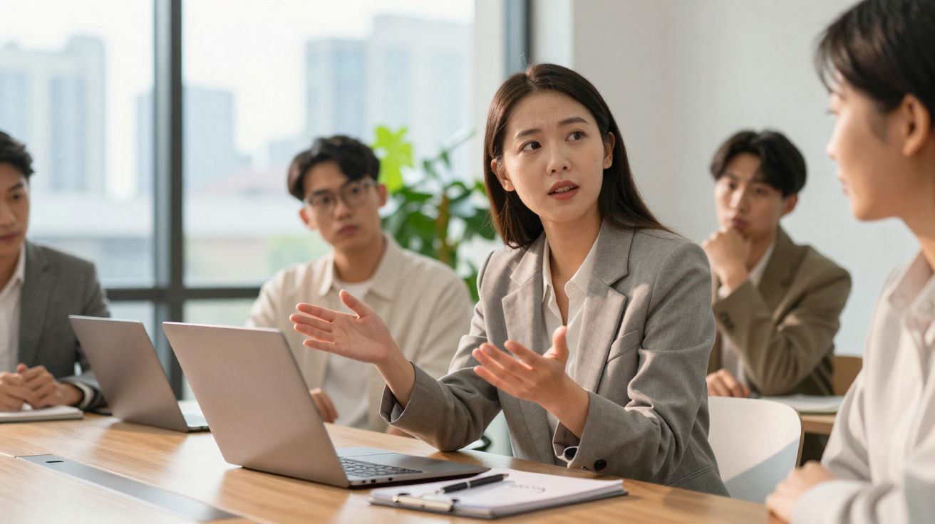 Jovem mulher explica algo durante reunião de trabalho com colegas atentos numa sala de escritório moderna.