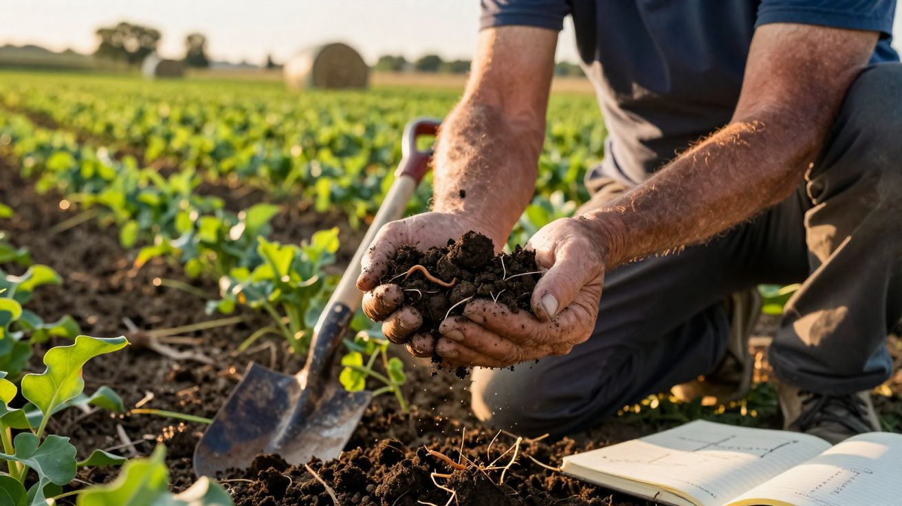Agricultor a analisar terra húmida e fértil numa plantação, com enxada e caderno ao lado.