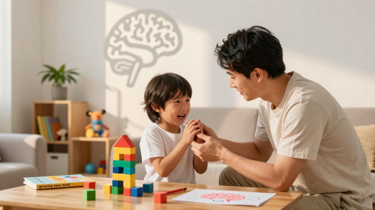 Pai e filho brincam juntos com blocos coloridos numa mesa, num ambiente luminoso e acolhedor.