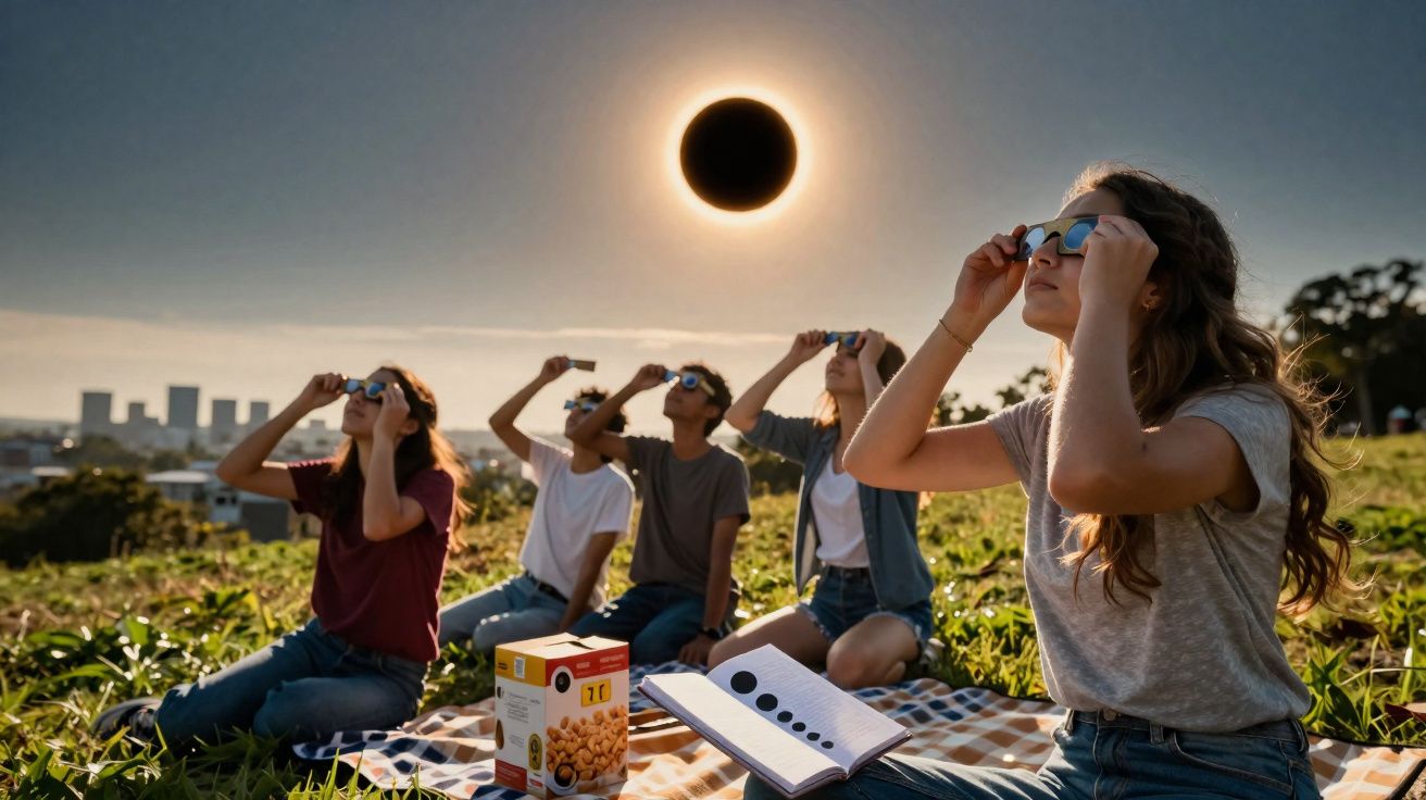 Grupo de jovens sentados no campo observando eclipse solar com óculos especiais ao pôr do sol.