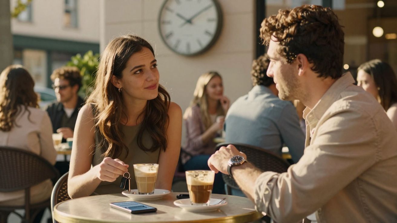 Casal conversa numa esplanada com café na mesa, pessoas ao fundo num ambiente descontraído ao final da tarde.