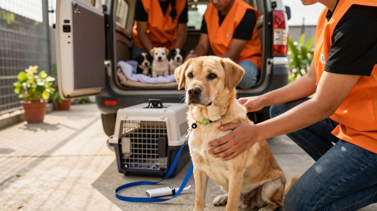 Voluntários de colete laranja seguram cães junto a carrinha com caixas de transporte num abrigo animal.
