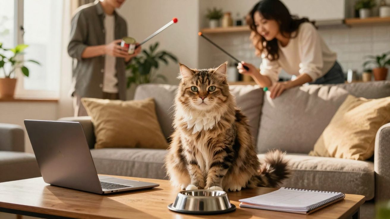 Gato sentado numa mesa com tigela de comida, portátil e caderno, enquanto duas pessoas brincam ao fundo no sofá.