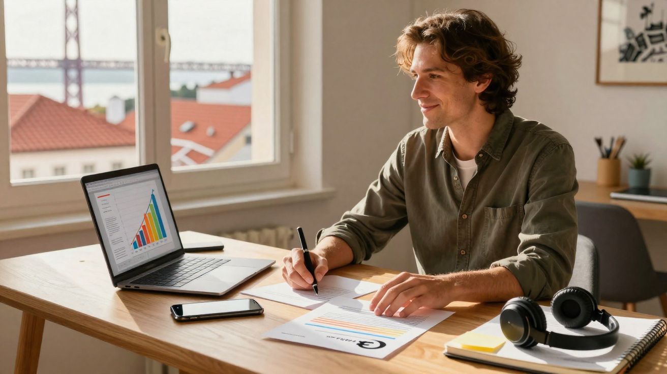 Homem a trabalhar com laptop e documentos num escritório com vista para a cidade e uma ponte ao fundo.