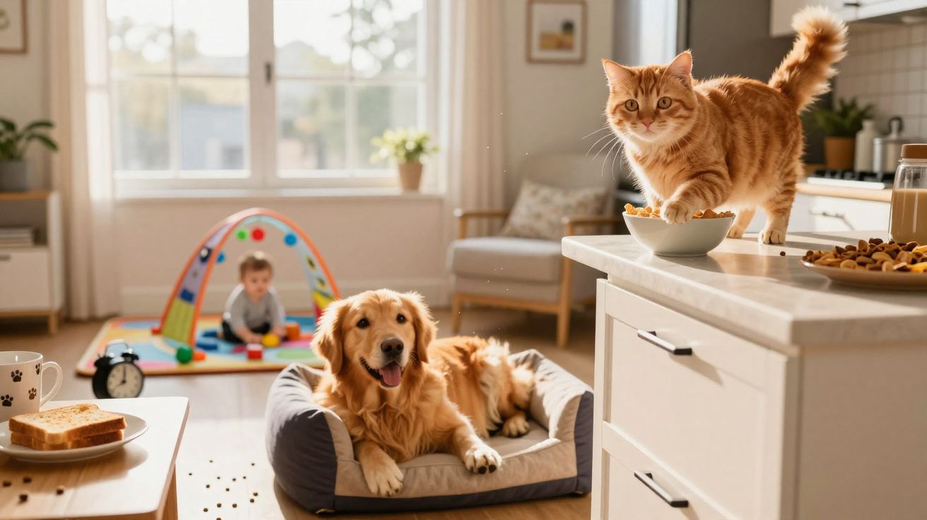 Gato ruivo em cima do balcão com cão dourado deitado no seu lugar e criança a brincar na sala iluminada.