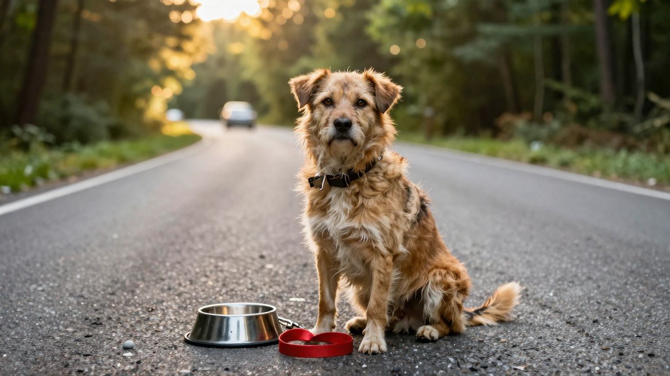 Cão castanho sentado no meio da estrada com trela vermelha e tigela metálica ao lado, em ambiente florestal.