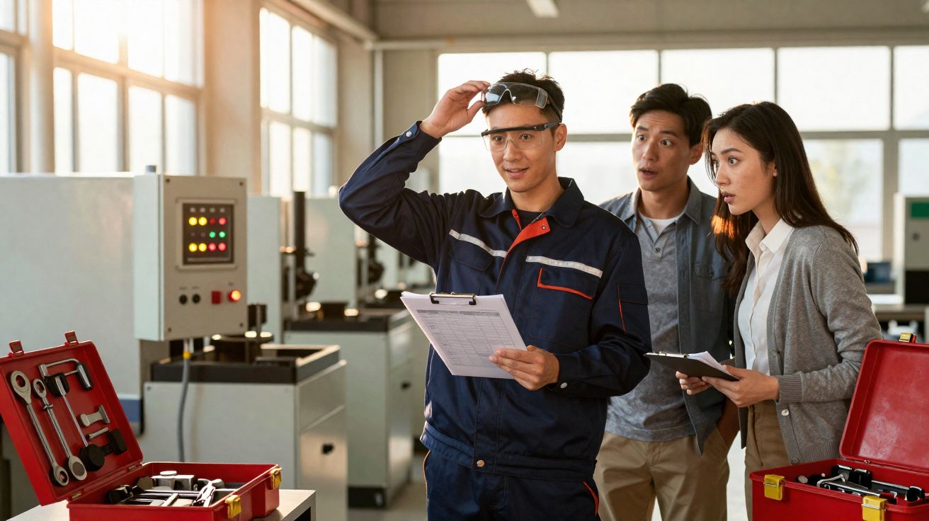 Três colegas numa oficina com ferramentas, um ajusta óculos de proteção enquanto os outros observam.