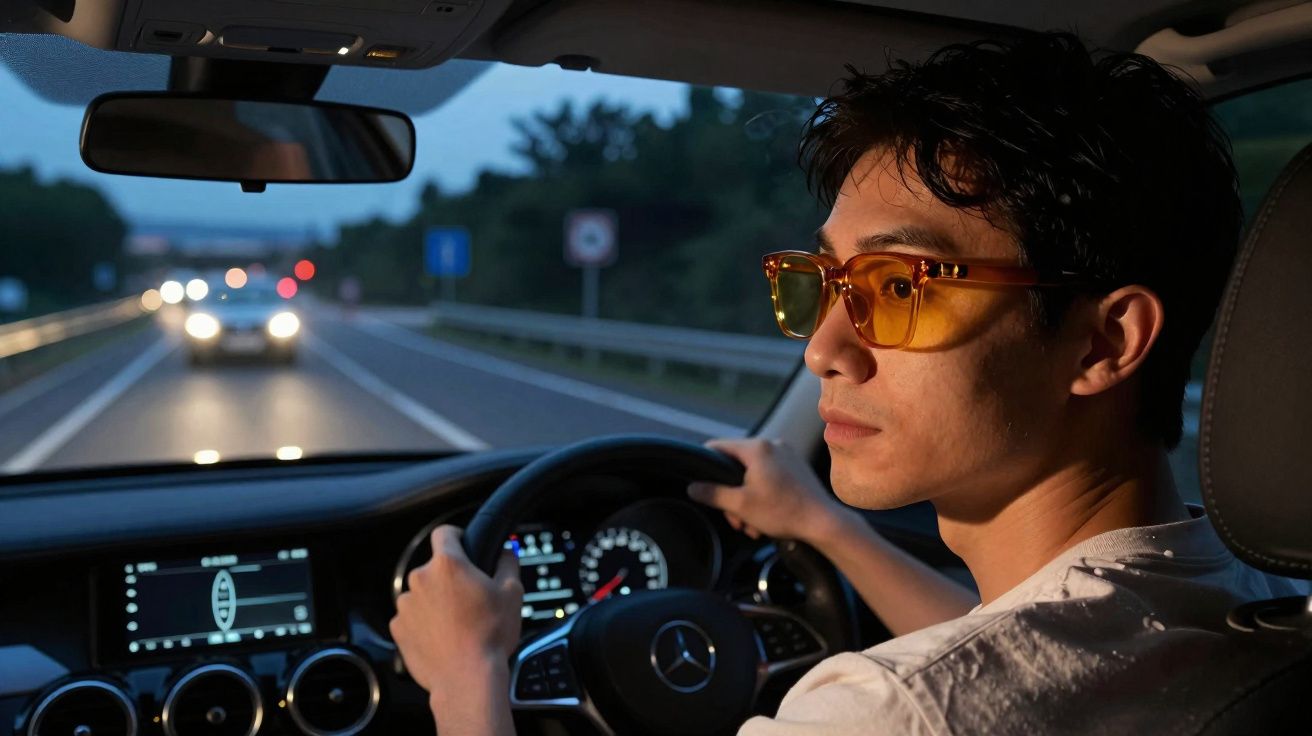 Homem com óculos amarelos a conduzir um carro à noite numa estrada iluminada por faróis de veículos.