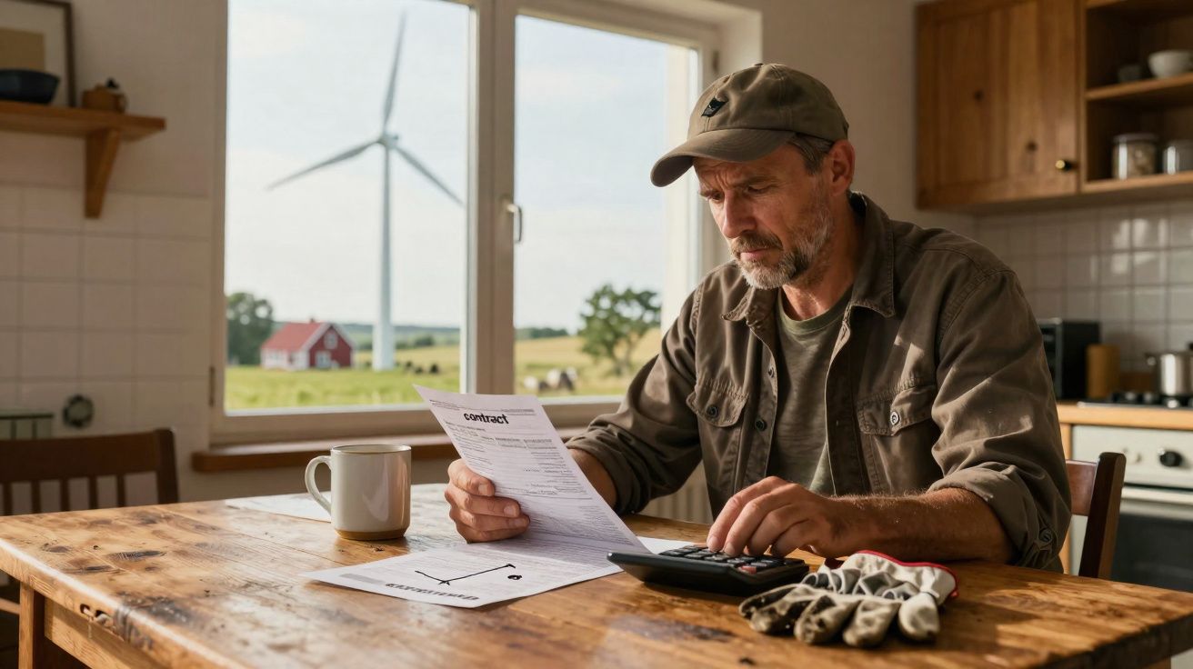 Homem com boné lê contrato e usa calculadora numa mesa de cozinha com vista para moinho e campo verde.